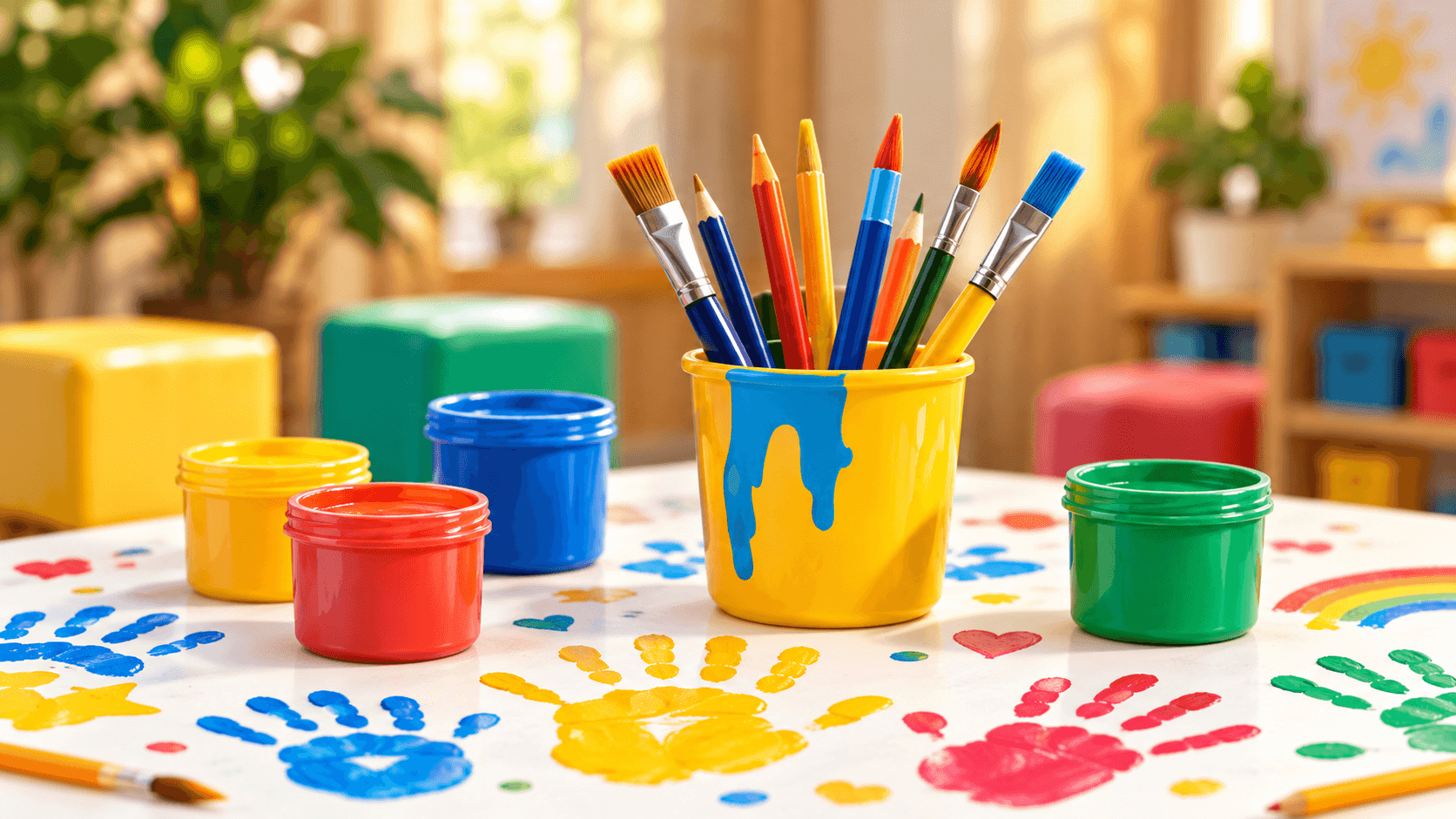 Farben, Pinsel und Buntstifte für einen Kreativ-Workshop